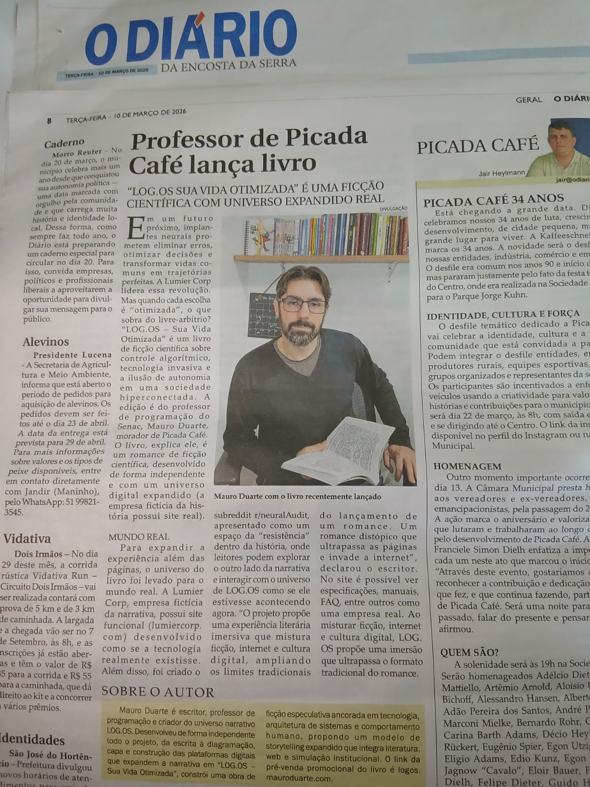 Matéria do jornal O Diário - Professor de Picada Café lança livro